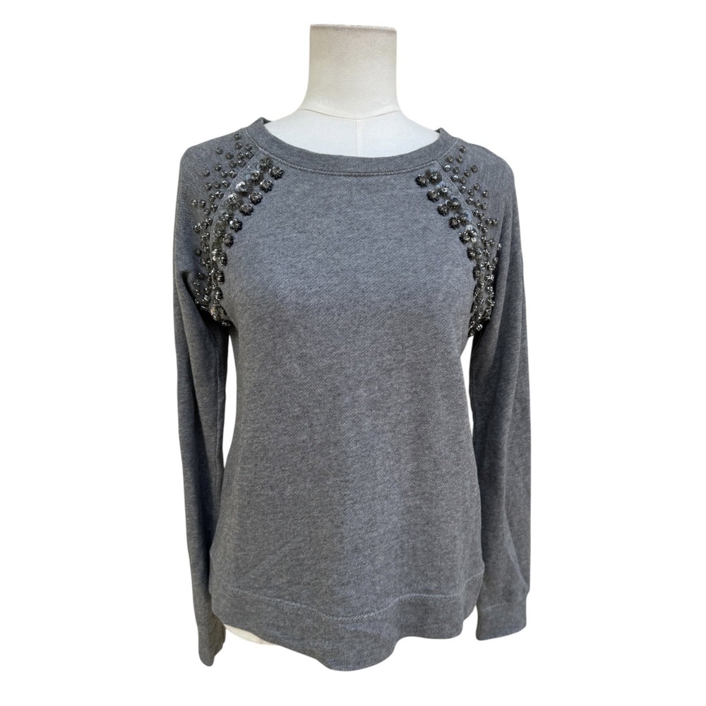 J Crew Embellished Sweatshirt Small Gray Beaded Sequin Rhinestone Pullover